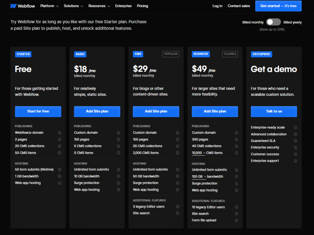 Webflow Pricing
